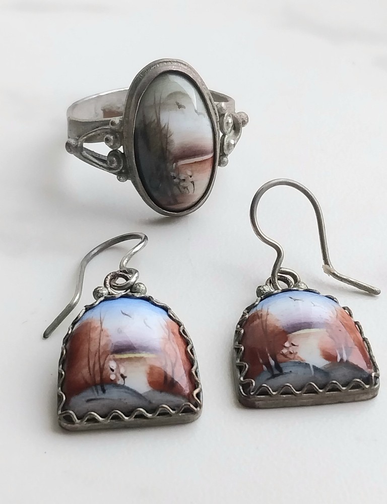 Vtg 1990s Genuine Russian Rostov Finift Enamel Winter Landscape Ring Earrings Se