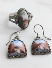 Vtg 1990s Genuine Russian Rostov Finift Enamel Winter Landscape Ring Earrings Se
