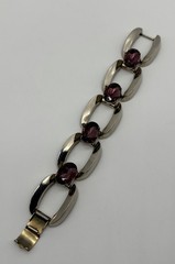 Vintage Modernist-Style Chunky Bracelet Silver-Tone Oval Prong-Set Purple Stones