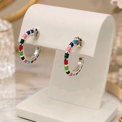 Vintage 925 Sterling Silver Multicolor Inlay Hoop Earrings 21mm Southwest Boho