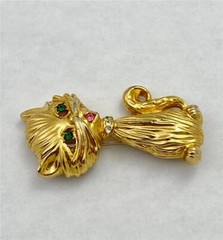 Vintage Charming Green Eyed Gold Tone Metal Cat Brooch Pin