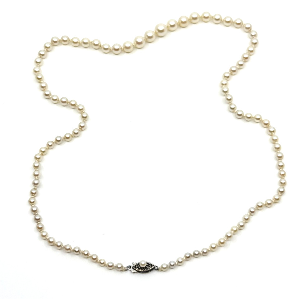 14K Solid White Gold Japanese Saltwater Akoya Pearl Graduated Vtg Necklace 19.25