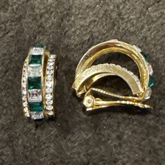 Gold Tone Green And White Rhinestones Clip On Earrings Approx 1”