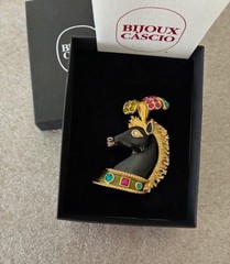 VINTAGE 1968 BIJOUX CASCIO BLACK ENAMEL RHINESTONE CIRCUS HORSE W/PLUMES BROOCH