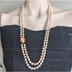 Vintage ERWIN PEARL Double Strand Glass Pearl Necklace Cameo Clasp Opera 23″