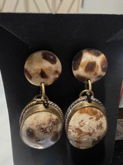 Vintage Silvertone Brown Beige Stone Jasper? 1.25” Dangle Post Earrings