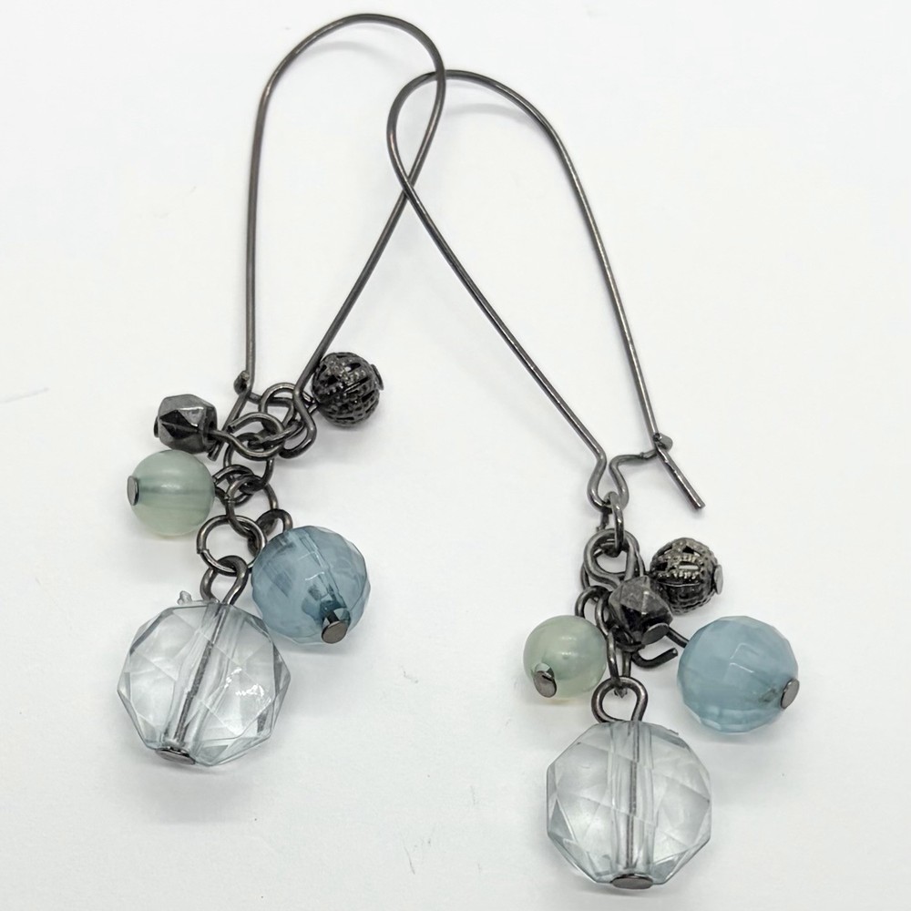 Vtg Blue Green Acrylic Beaded Dangle Drop Statement Earrings Long Hook Gunmetal