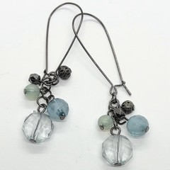 Vtg Blue Green Acrylic Beaded Dangle Drop Statement Earrings Long Hook Gunmetal