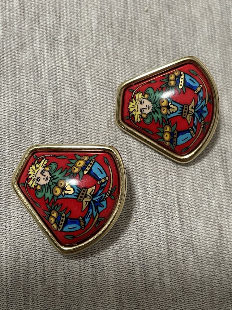 Hermès Vintage Enamel Clip-On Earrings Red with Tribal Figure Design Gold Tone
