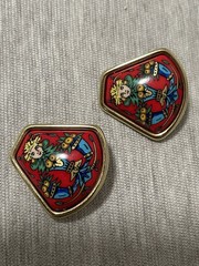Hermès Vintage Enamel Clip-On Earrings Red with Tribal Figure Design Gold Tone