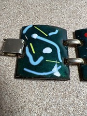 Vintage MCM Bracelet Enamel on Copper 1.75″ Wide 4 Panel Modern Green Artisan