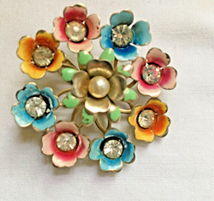 VINTAGE – Brooch Pin & Screwback Earrings – Colorful FLOWERS Set – Retro RARE
