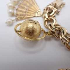 Estate Solid 14K Gold Heavy 74.85g Charm Bracelet Vtg Travel Globe w/Gemstones