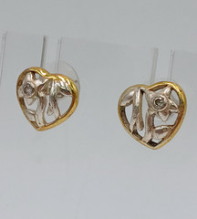 VTG 925 Open Heart Earrings 0.5in Sterling Silver 2g Vermeil Two Tone CZ Sparkle