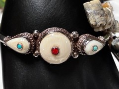 Vintage Tibet/Nepal Sterling Silver Coral Turquoise Inlaid Bone Tribal Bracelet
