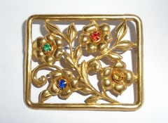 Vintage Rhinestone Brooch Pin Rectangle Art Nouveau Style 1950s