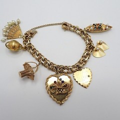 Estate Solid 14K Gold Heavy 74.85g Charm Bracelet Vtg Travel Globe w/Gemstones
