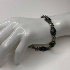 Vtg Israel Sterling Silver Eilat Style Green Matrix Stone Panel Link Bracelet **