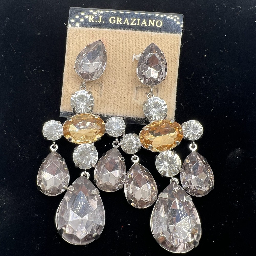 R.J. Graziano Chandelier Rhinestones Earrings Smoke Crystal Coquette Glam
