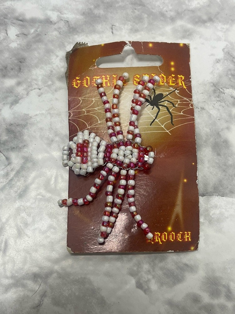 NEW Vintage Halloween Beaded Spider Pin Brooch Red & White Wire Gothic