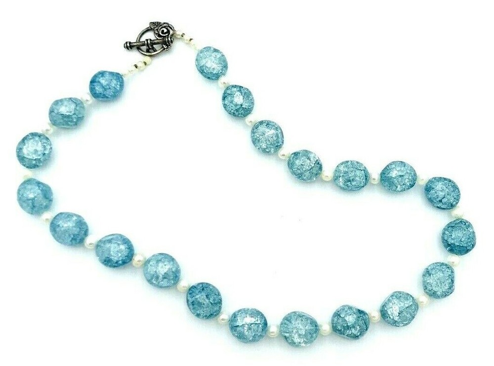 Vintage Blue Crackle Glass Cultured Pearl Bead Necklace 19″