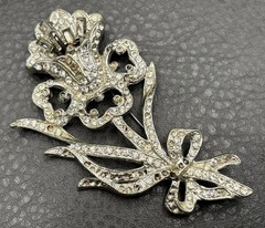 HUGE Vintage Art Deco Pot Metal Rhinestone Iris Flower Brooch Pin READ