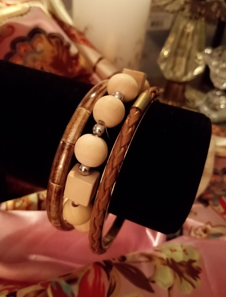 Vintage Vtg Wood Leather Plastic 3 Piece Bracelet Bangle Set Lot Brown JE08