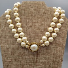 CAROL LEE Faux Chunky Pearl Double Strand Choker Necklace Pendant Gold Toned 30″