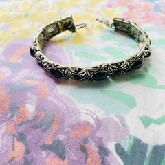 Vintage Black Cabochon Panel Link Bracelet Toggle Clasp Silver Tone Gothic Boho