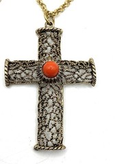Vintage Estate 2 3/4” Cross Gold Tone Orange Stone with Chain 36”Long Necklace