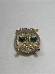 Vintage Gold-Tone Owl Brooch Pin with Green Glass Eyes Clear Rhinestone Accents