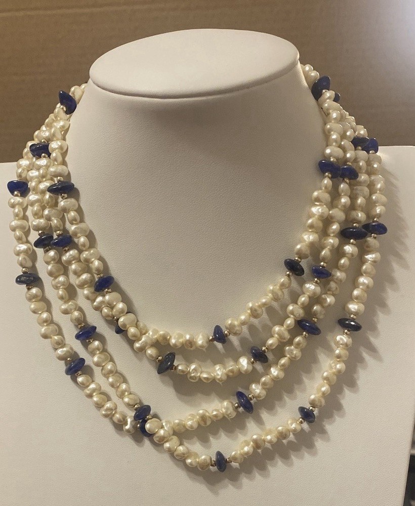 Vintage Necklace Rice Pearls And Lapis 70″ In Length Many Fashion Options