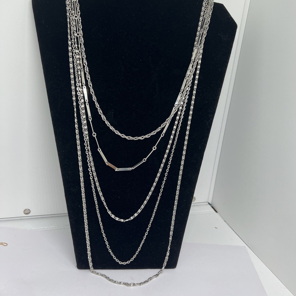 Vintage Silver Tone Layered Chain Statement Necklace 5 Strand