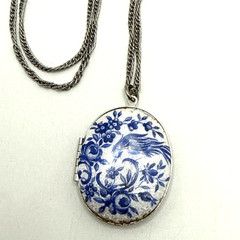 Vintage Guilloche Locket Blue White Enamel Bird of Paradise Floral 24″