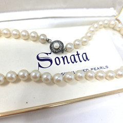 Vintage 50’s Sterling Silver Clasp SONATA Glass Faux Pearl Necklace In Box