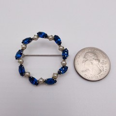 Vintage B. David Wreath Brooch Silver Tone Faux Pearl Blue Rhinestone Signed MCM