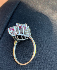 VINTAGE 14K WHITE GOLD RUBIES DIAMONDS CLUSTER SPRAY COCKTAIL RING STATEMENT