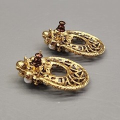 Vintage Hoop Earrings Wire Openwork Faux Pearls 1 3/8″