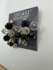Trifari Vintage Cluster Earrings Black Clear Faceted Bead Surgical Steel Post