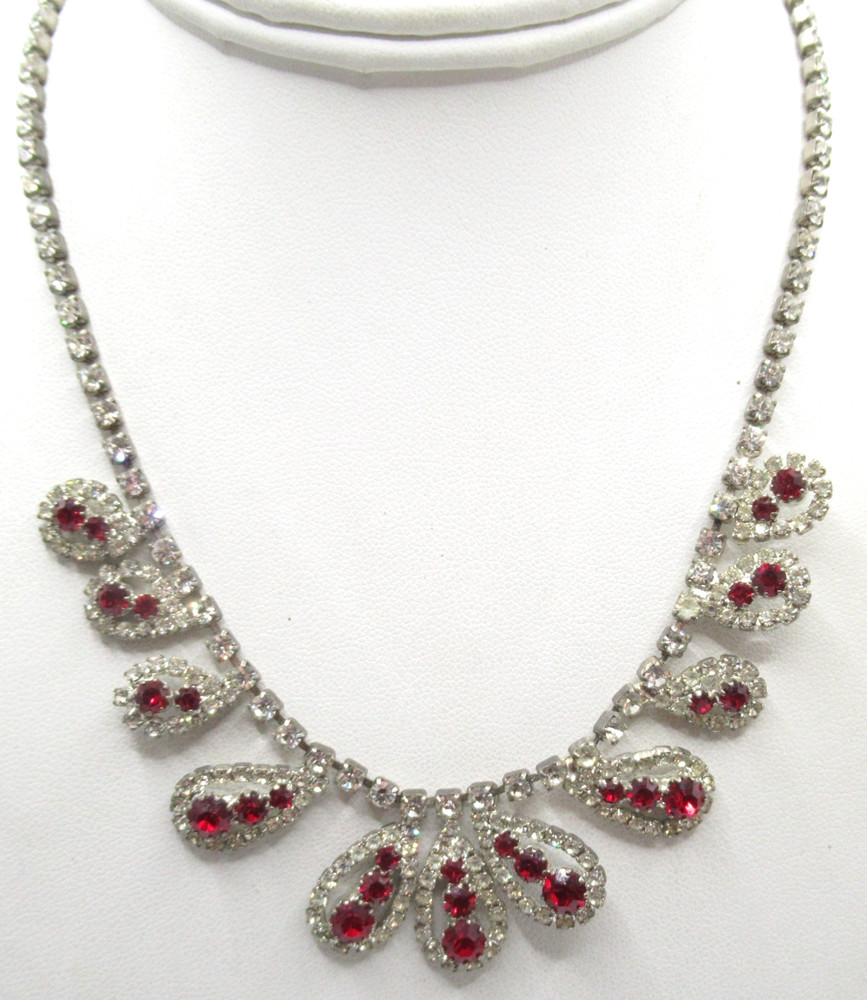 Red and Clear Fancy Rhinestone Necklace Wedding Prom Birthday Everyday Vintage