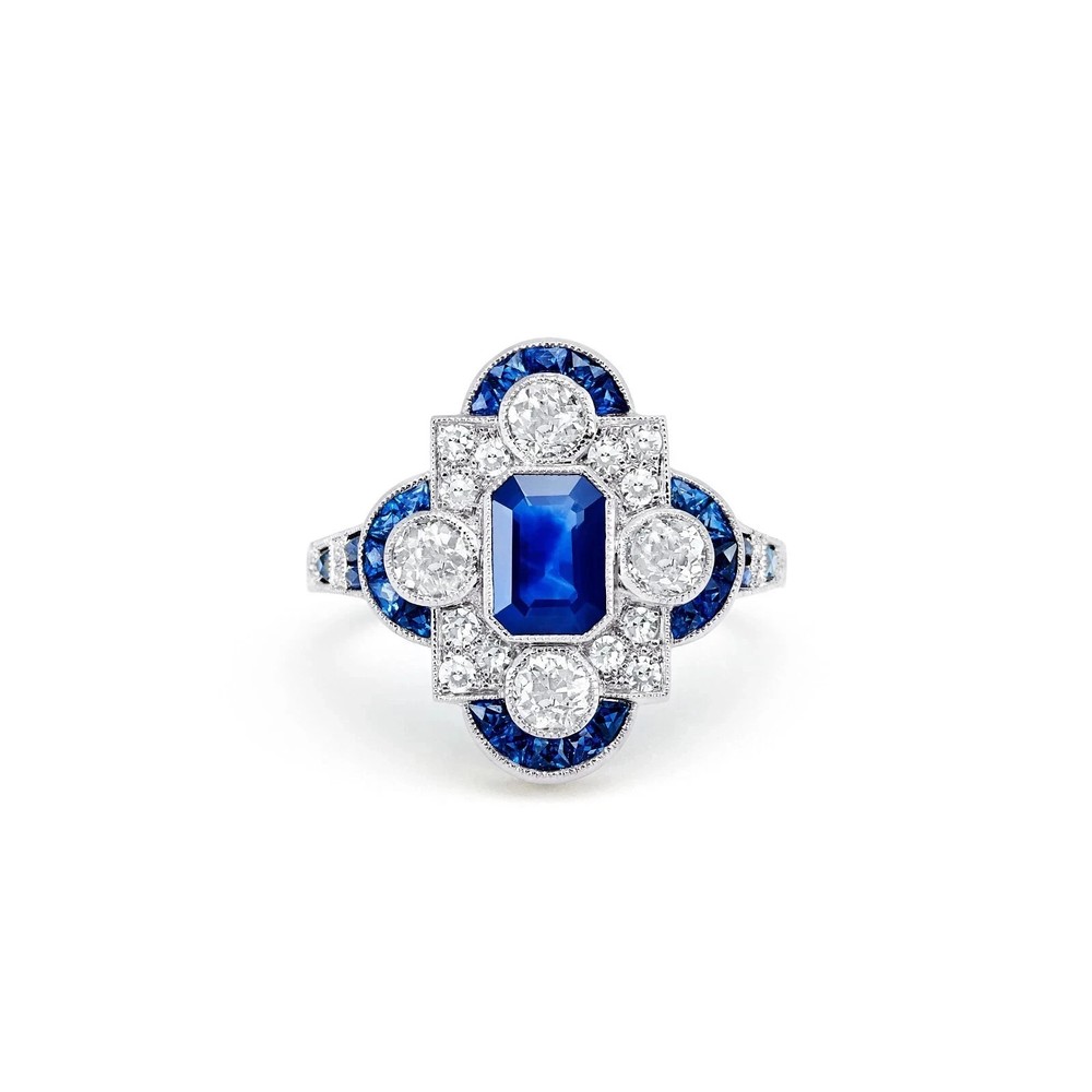 Art Deco Vintage Style Lab Created Sapphire Anniversary 14K White Gold FN Ring
