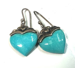 Heart Dangle Earrings Blue Stone Inlay Thailand Vintage Sterling Silver 925 #9