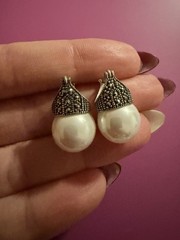 Vintage Marcasite And Pearl 925 Silver Earrings Pierced Huggie Style