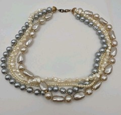 Vintage Faux Pearl Multistrand Round Baroque White Champagne Grey Statement 19.5