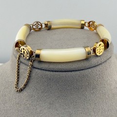 Chinese Longevity Mother Of Pearl Bracelet Safety Chain 7in Gold Tone