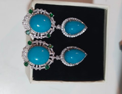 Oval & Pear Cut Natural Turquoise & Emerald Dangle Earring 14K Rose Gold Plated