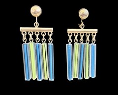 Vintage Signed Trifari Clear/Blue/Green Lucite Drop Fringe Earrings~1950s