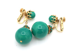 Vintage Vendome Signed Green Ball & Rhinestones Dangle Drop Clip On Earrings