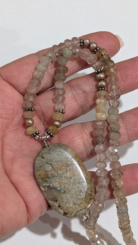Vtg Sterling Silver Faceted Rutilated Quartz Beads & Jasper Pendant 19″ Necklace