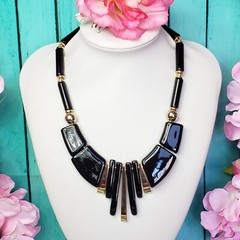 Vintage JAPAN Black Lucite Bead Choker Gold Tone Mid Century Statement Necklace
